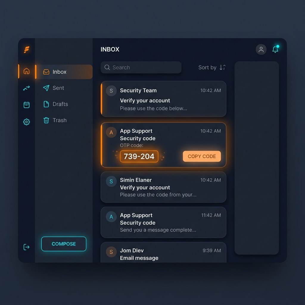 Email Proxy Dashboard — inbox with OTP codes